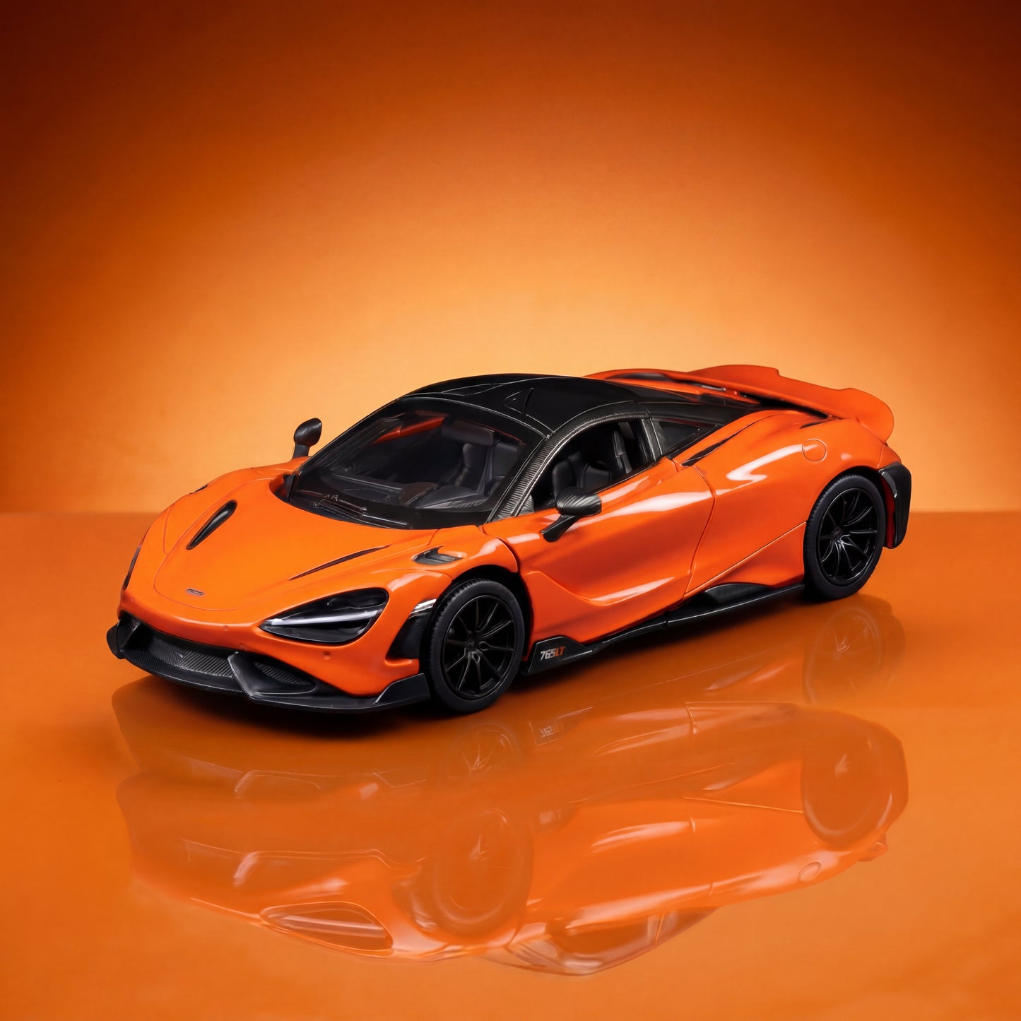 McLaren 765LT 1 36 scale diecast model with opening dihedral doors and orange finish